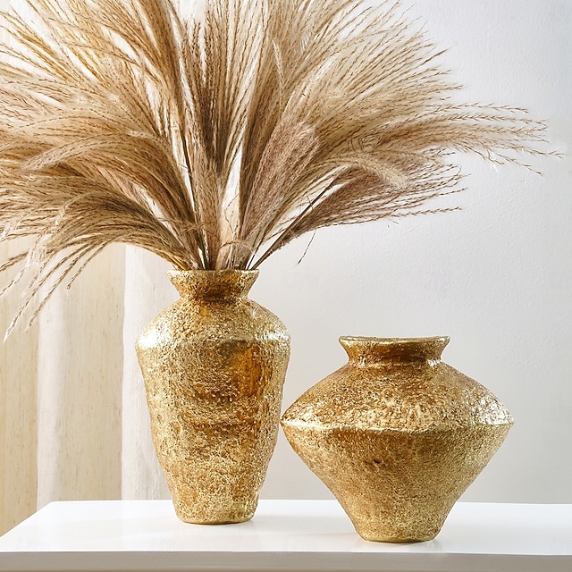  مزهرية زخرفية مستوحاة من الجرار الخزفية العتيقة – مزهرية زهور عتيقة من الراتينج باللون الذهبي/الفضي، مصنوعة يدويًا للمنزل &قطعة ديكور للحفلات