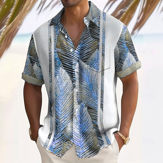  Hombre A Rayas Hoja de palma Plantas tropicales camisa hawaiana Abotonar la camisa Manga Corta Hawaiano Complejo Vacaciones Festivos Ropa de playa Verano Primavera Cuello Vuelto camisas con cuello Un
