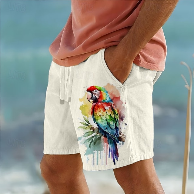  Men's Bird Parrot Shorts Cotton Linen Shorts Mid Waist Hawaiian Vintage Retro Vacation Dailywear Holiday Pocket Drawstring Elastic Waist Designer Clothing Apparel