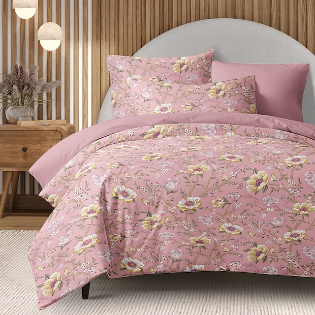  Copripiumino floreale set di biancheria da letto di dimensioni matrimoniali copripiumino in cotone morbido e leggero con 2 federe per estate e primavera viola e purpureo