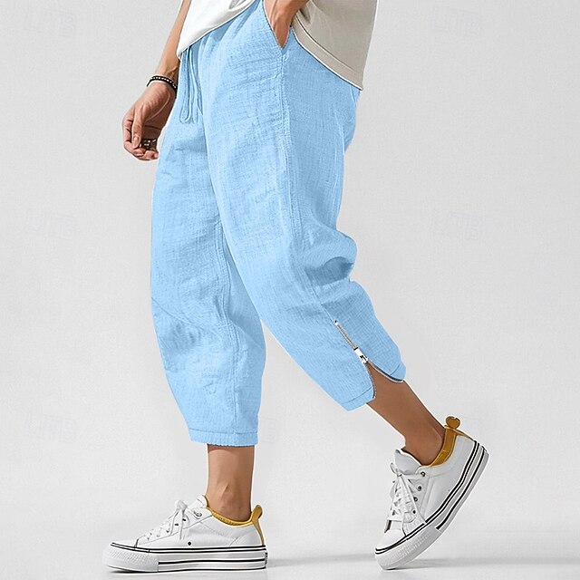  Men's Linen Pants Trousers Summer Pants Beach Pants Zipper Drawstring Elastic Waist Plain Comfort Breathable Ankle-Length Casual Daily Holiday Fashion Classic Style Black White