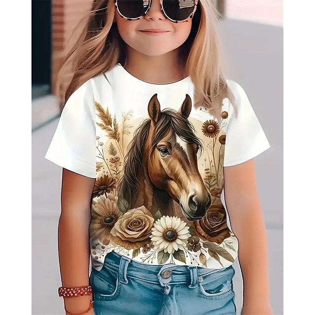  Dla dziewczynek 3D Konik Podkoszulek T-shirt Krótki rękaw Lato Wiosna Moda Podstawowy Dzieci 4-12 lat Półgolf Na zewnątrz Codzienny Regularny