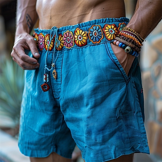  Men's Shorts Summer Shorts Casual Shorts Pocket Drawstring Elastic Waist Florals Comfort Breathable Short Outdoor Vacation Ethnic Casual Royal Blue