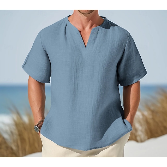  Men's Tee Top Linen T-Shirt Short Sleeves V Neck Summer Plain Fashion Designer Basic Soft Vacation Street Casual Daily Light Blue White Pink Top Tee for Men