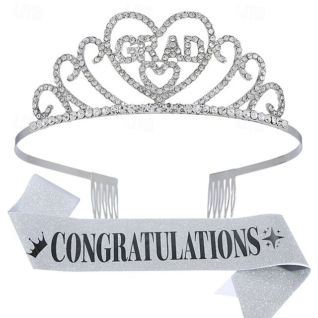  Graduation Crown and Stole Sash Set, Graduation Party Supplies Kit, Congratulations Glittered Fabric Sash, Alloy Headpiece, Tiara and Sash Set for Graduation Celebration
