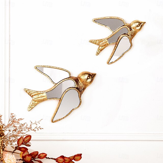  Sculpture murale en résine dorée représentant une hirondelle – Figurine décorative d'oiseau de 5,7 à 7 pouces avec incrustation de miroir, décoration d'intérieur créative pour les amoureux des