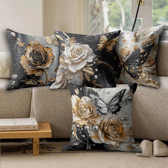 Black Golden Floral Decorative Toss Pillows Cover 4PC Soft Square Couch Cushion Case Pillowcase for Bedroom Livingroom Sofa Chair4