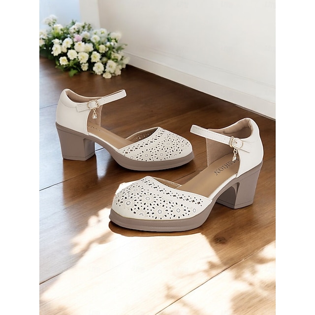  sapatos mary jane vintage vazados femininos – sandálias confortáveis de salto baixo com tira ajustável para uso casual e de verão
