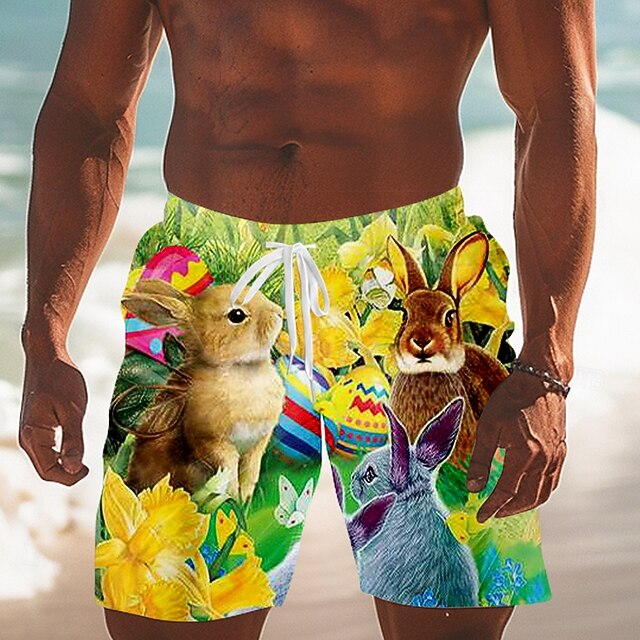 Easter Men's Bunny Easter Eggs Flowers Swim Trunks Swim Shorts Board Shorts Mid Waist Hawaiian Holiday Festival Drawstring Mesh Lining Elastic Waist Designer Clothing Apparel4