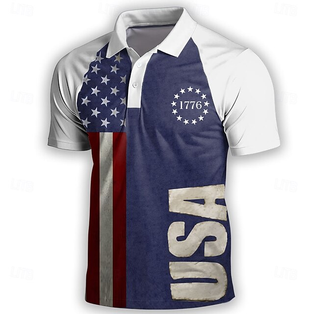  Amerikansk uafhængighedsdag Herre Amerikansk flag Polo Kortærmet Polo skjorter Skjorter med krave Årgang Afslappet udendørs atletiktøj Knapper 3D-udskrivning Sommer Hvid Blå