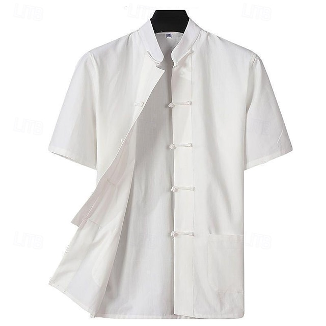  Hombre Camisa Camisa de lino Camisa casual Abotonar la camisa Remera de algodón Plano Vacaciones Calle Negro Blanco Azul Marino Caqui Manga Corta cuello de abuelo Verano Ropa Abotonar
