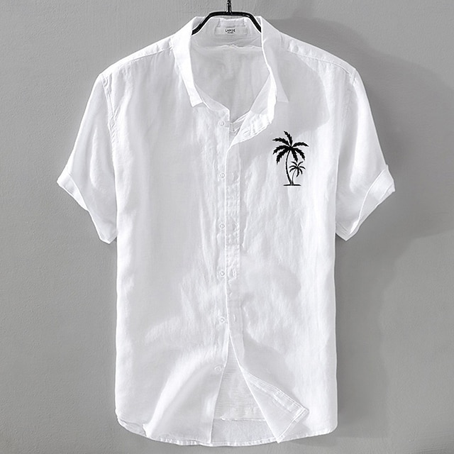  Men's Linen Shirt Minimalist Aloha Shirt Casual Shirt Cotton Linen Shirt Button Up Shirt Coconut Tree Vacation Street White Dark Navy Sky Blue Gray Short Sleeve Lapel Summer Clothing Apparel