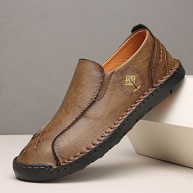  mocassins masculinos de couro sintético genuíno bege – sapatos casuais de condução com costura feita à mão para atividades ao ar livre e viagens