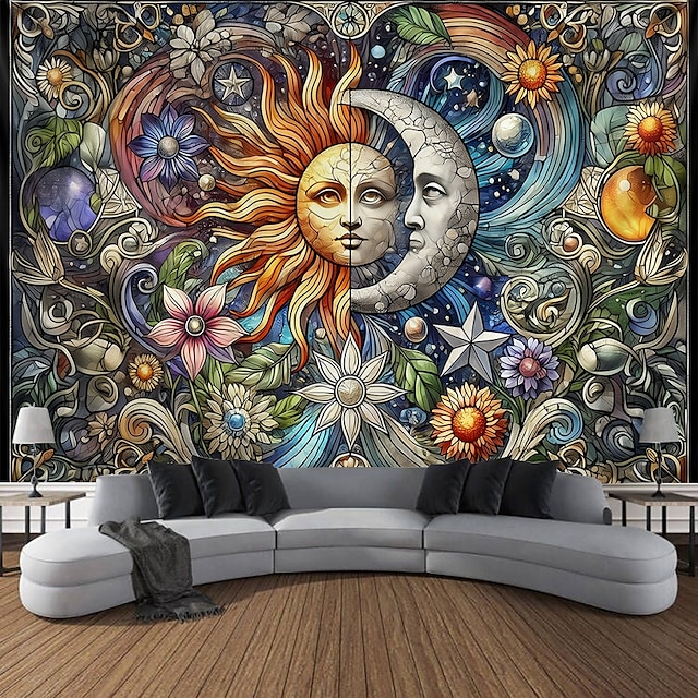  Tapeçaria Mandala Sol e Lua Arte de Parede Grande Tapeçaria Mural Decorativa Fotografia Fundo Cobertor Cortina Decoração para Quarto Sala de Estar