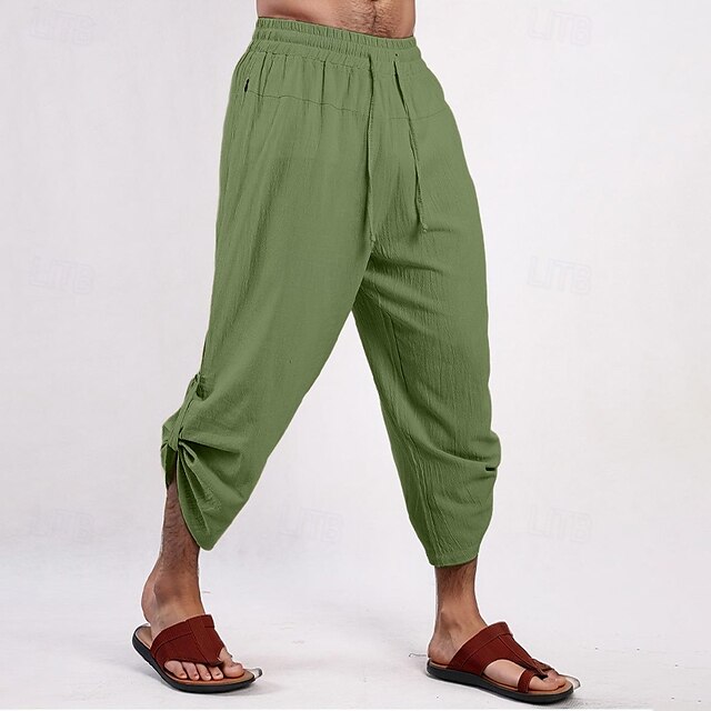  Homens Calças Capri Shorts de linho Shorts de verão Shorts de praia Com Cordão Cintura elástica Perna Cordão Tecido Conforto Respirável Comprimento do joelho Ao ar livre Feriado Praia Moda Estilo