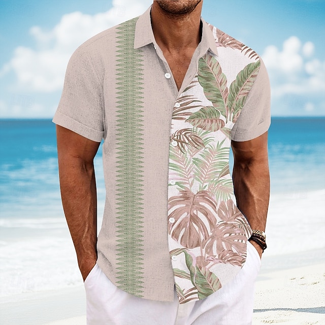  Herr Geometrisk Palmblad Tropiska växter Skjorta Guayabera skjorta Knapp upp skjorta Kortärmad Mode Casual Semester Vardag Standkläder Sommar Vår Nedvikt krage skjortor Ljusrosa Blå Grön