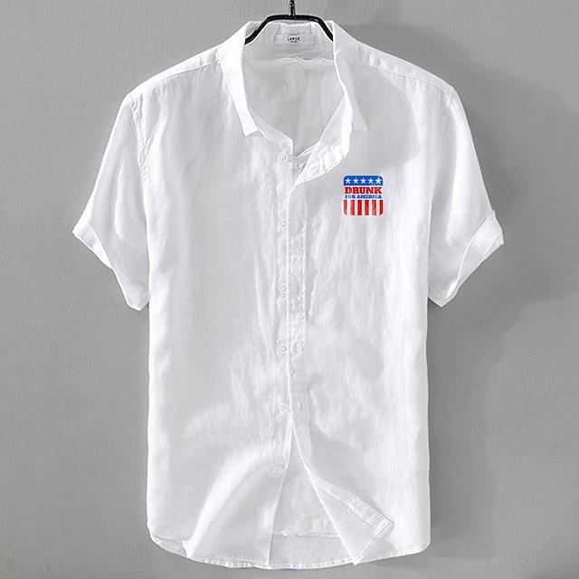  Herren Leinenhemd Freizeithemd Baumwoll-Leinen-Hemd Knopfhemd Muster Urlaub Straße Weiß Dunkelmarine Himmelblau Aprikose Kurzarm Revers Sommer Bekleidung Button-Down