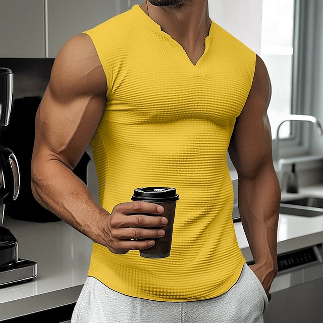  Herre Vaffel Tank Top Tanktop Vest Underskorte Uden ærmer V-hals Sommer Vanlig Mode Klassisk Bekvem Gade Afslappet Sport Hvid Gul Lyseblå Top T-shirt til mænd