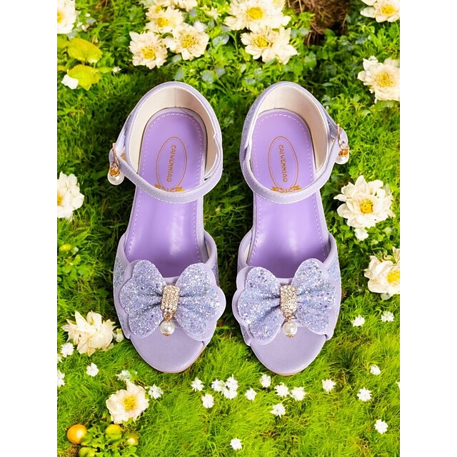  sandali da bambina con fiocco glitterato viola e accenti di perle, cinturino regolabile, perfetti per matrimoni, compleanni e occasioni speciali
