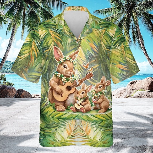  Easter Men's Bunny Plants Floral Print Shirt Cuban Collar Shirt Button Up Shirt Short Sleeve Vintage Retro Holiday Festival Summer Spring Camp Collar Shirt 3D Print Green