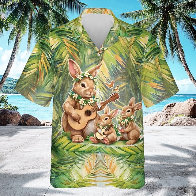 Easter Men's Bunny Plants Floral Print Shirt Cuban Collar Shirt Button Up Shirt Short Sleeve Vintage Retro Holiday Festival Summer Spring Camp Collar Shirt 3D Print Green4