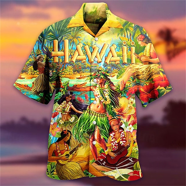  Voor heren Brief Tribal Landschap Overhemd Hawaiiaans overhemd Kampshirt Korte mouw Overhemd Strijkijzer Modieus Ontwerper Casual Straat Casual Dagelijks Geel Paars Oranje S M L