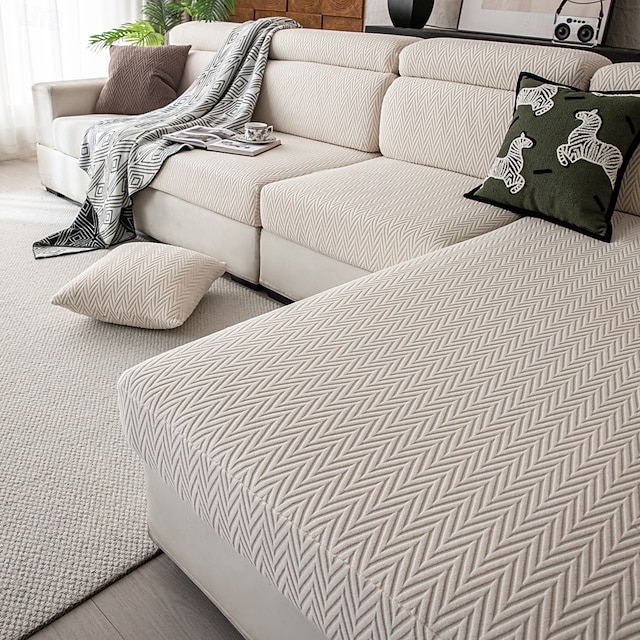  1 funda de asiento elástica de líneas simples y lisas con diseño de espiga, funda de asiento de sofá de vellón polar suave de jacquard universal, fácil de limpiar &Funda de sofá duradera