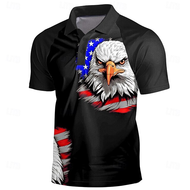 American Independence Day Men's Eagle American Flag Polo Short Sleeve Polo Shirts Collared Shirts Vintage Casual Outdoor Athleisure Buttons 3D Print Summer Black4