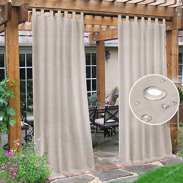 Outdoor Linen Sheer Curtains for Patio Waterproof Indoor/Outdoor Divider Privacy Added Light Filtering Porch Decor with Detachable Self-Stick Tab Top for Gazebo/Cabana, Natural, 2 Panels 16