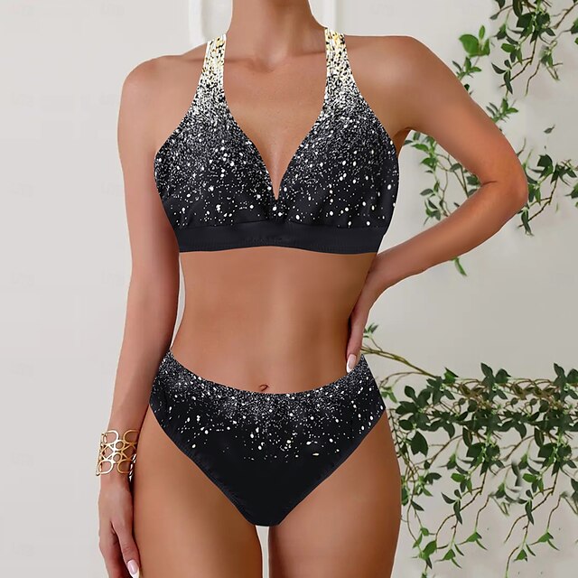  Dam Badkläder Bikini Tankini 2 st Kaxig Baddräkt Djup V-hals Tryck upp Stickat Semester Tropisk Blommig Färgblock Doppa Ärmlös Baddräkter