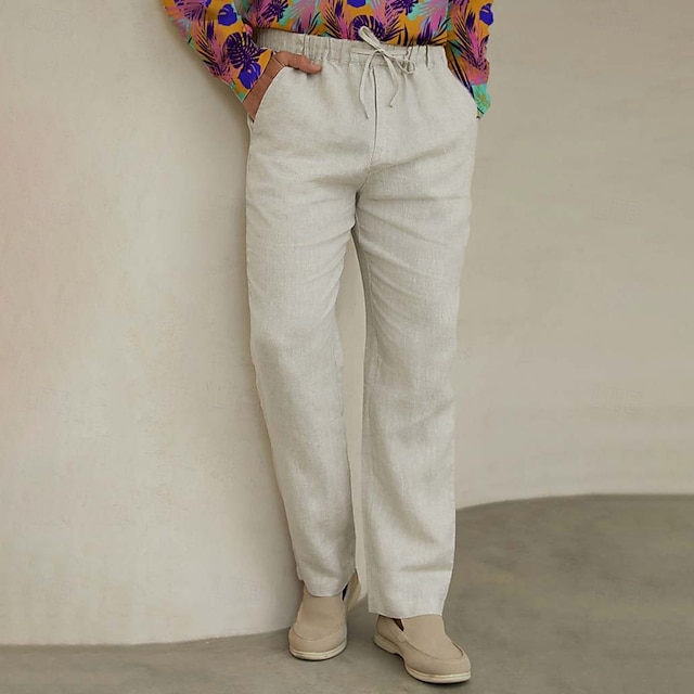  100% Linho Homens Calças de linho Calças Com Cordão Cintura elástica Perna reta Tecido Conforto Respirável Casual Diário Feriado Moda Estilo Clássico Bege