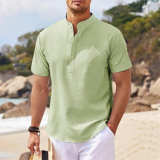  Voor heren Overhemd Popover-shirt Zomer overhemd Normaal shirt Strand hemd Overhemd met knopen Zwart Wit Blozend Roze Marineblauw Blauw Korte mouw Effen / effen kleur Band Kraag Henley Vakantie Hawaii