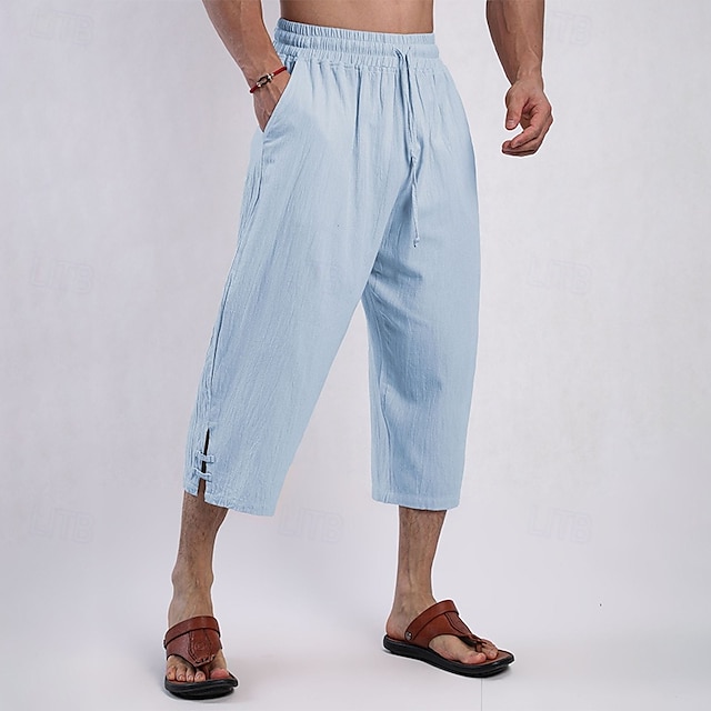  Herr Capribyxor Shorts Linne Shorts Sommarshorts Beach Shorts Snörning Elastisk midja Slät Komfort Andningsfunktion Vadlängd Utomhus Dagligen Strand Mode Klassisk Stil Svart Rodnande Rosa