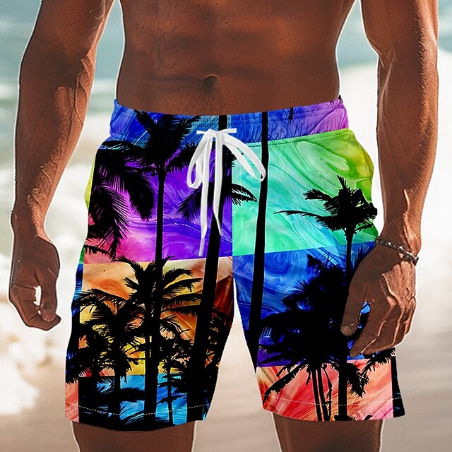 Men's Coconut Tree Patchwork Tropical Plants Swim Shorts Board Shorts Swimming Trunks Mid Waist Hawaiian Vacation Drawstring Mesh Lining Elastic Waist Designer Clothing Apparel4