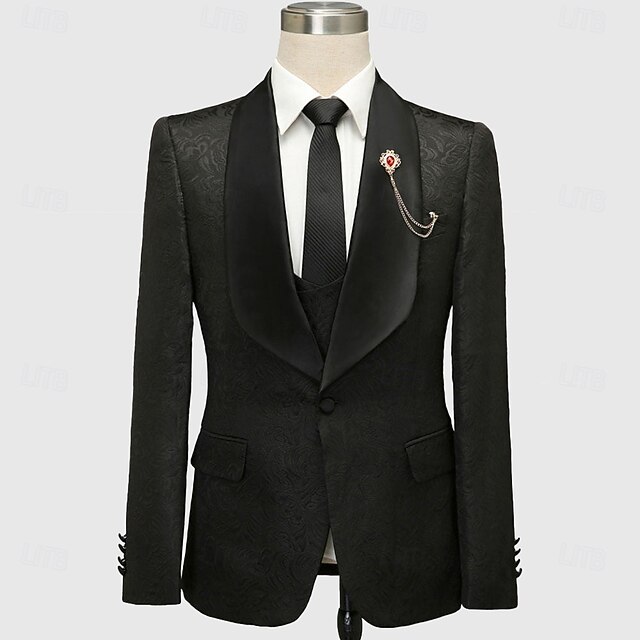 Men's Wedding Prom Party Suits Shawl Lapel Black Fashion Luxury Jacquard Floral Standard Fit 2 Piece Single Breasted One-button4
