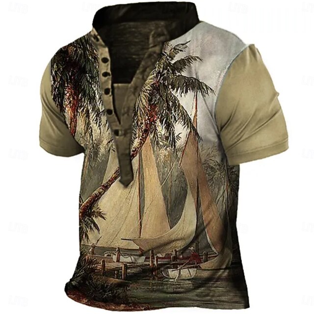 Men's Sailboat Tropical Plants T Shirt Henley Shirt Tee Short Sleeve Designer Basic Classic Outdoor Daily Sports Summer Khaki Henley Henley T-Shirt2