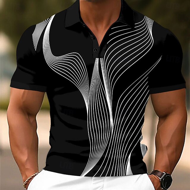 Men's Geometic Line Polo Short Sleeve Polo Shirts Collared Shirts Casual School Outdoor Daily Wear Home Wear 3D Print Summer Spring Fall Black4