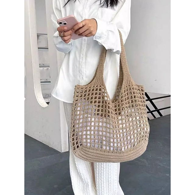  handgjord virkad tygväska i mesh – lätt och miljövänlig strandaxelväska, boho-stil, återanvändbar shoppingväska för kvinnor, sommarlov och daglig användning
