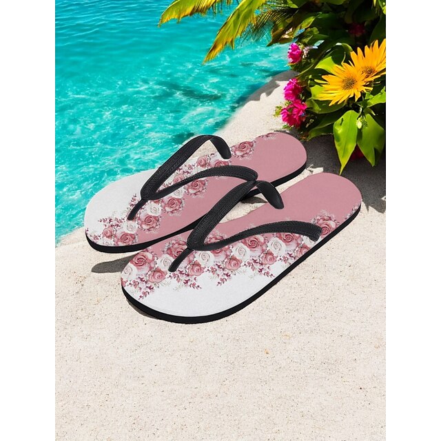  blommiga flipflops för kvinnor - eleganta strandsandaler med rosentryck, sommartofflor för semester och pool