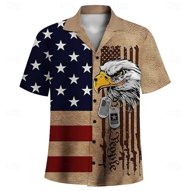  Men's American US Flag Independence Day Patriotic Shirt Casual Shirt Cuban Collar Shirt Short Sleeve Army Militray Holiday Streetwear Summer Spring Camp Collar Shirt 3D Print Khaki
