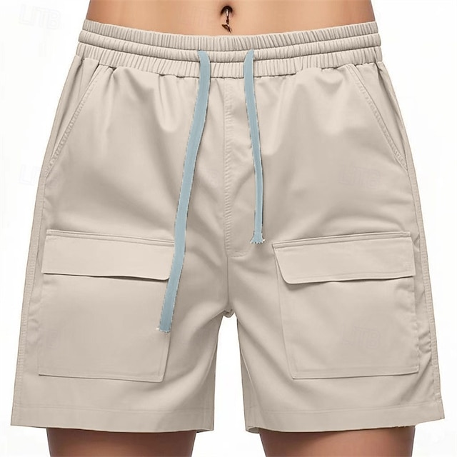  Homens Bermuda Cargo Shorts de verão Bermudas Shorts casuais Com Cordão Bolso multi Perna reta Tecido Respirável Pavio Humido Comprimento do joelho Ao ar livre Casual Corrida Moda Roupa de rua Preto