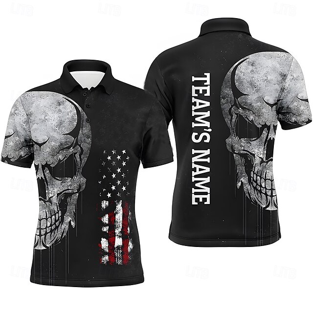 American Independence Day Men's American US Flag Skulls Polo Short Sleeve Polo Shirts Collared Shirts Dark Outdoor Street Daily Wear 3D Print Summer Spring Fall Black4