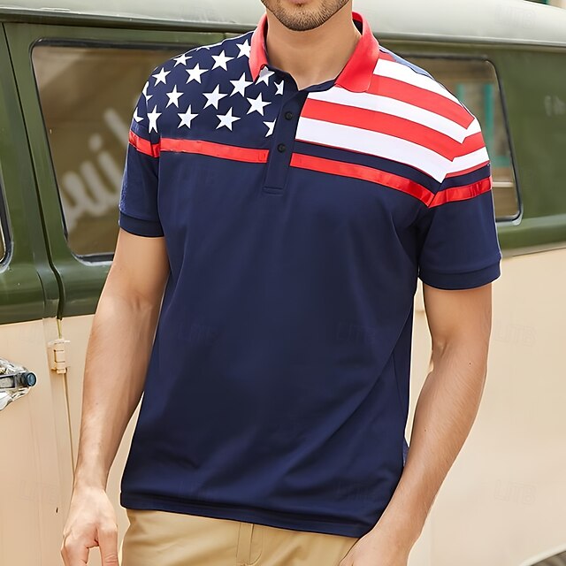 American Independence Day Men's American US Flag Polo Short Sleeve Polo Shirts Collared Shirts Casual Outdoor Daily Wear 3D Print Summer Spring Fall Blue4