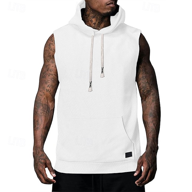  Bărbați Bluză Vest Top Sub Cămașă Cămașă fără mâneci Fără manșon Capișon Vară Simplu Modă Designer De Bază Jacquard Buzunar frontal Vacanță Stradă Ieșire Negru Alb Kaki Top tricou pentru bărbați