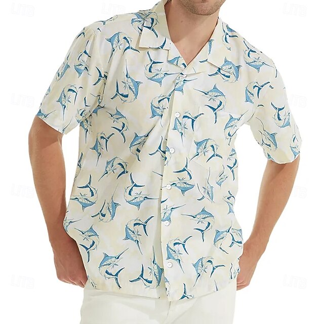Men's Shark Sea Creatures Shirt Summer Hawaiian Shirt Camp Collar Shirt Short Sleeve Hawaiian Vacation Holiday Beach Wear Summer Spring Cuban Collar 3D Print Collared Shirts Front One Pocket White4