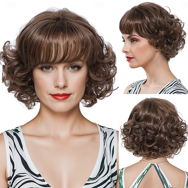  Synthetic Wig Wavy Curly Weave Asymmetrical Neat Bang Machine Made Wig 12 inch A1 Synthetic Hair Women's Classic Comfortable Color Gradient Ombre