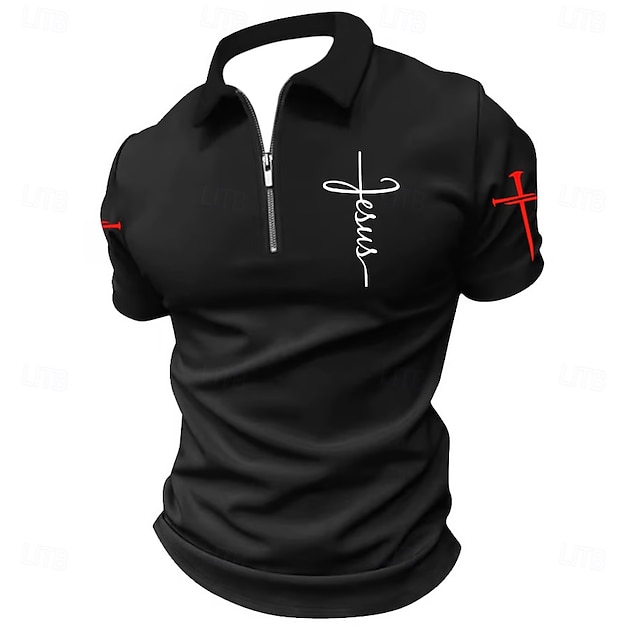  Easter Men's Cross Zip Polo Short Sleeve Turndown Vintage Outdoor Athleisure Casual Daily Zipper Summer Grey Black Dark Blue