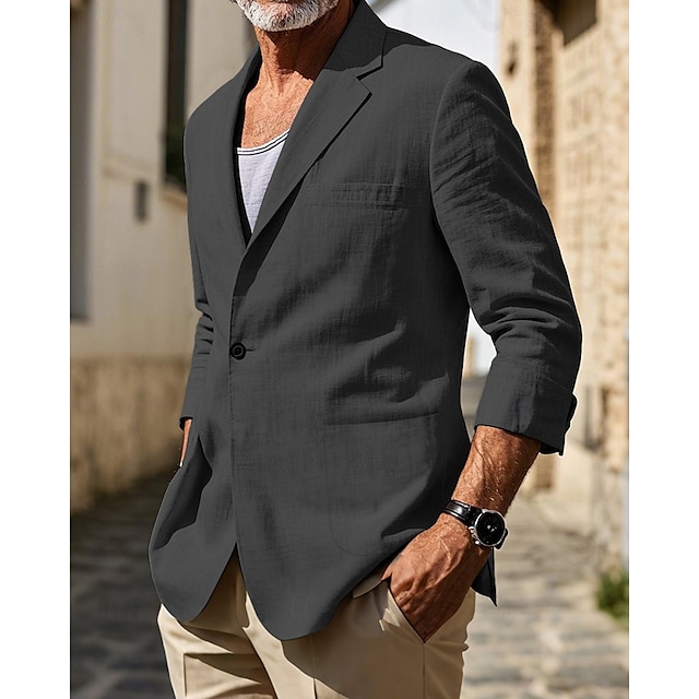  Men's Linen Blazer Blazer Vacation Holiday Wedding Party Fashion Lightweight Spring &  Fall Polyester Linen Plain Buttons Pocket Comfortable Single Breasted One-button Blazer Black Burgundy Dark Navy