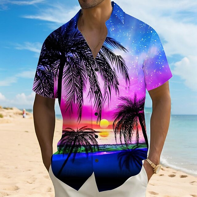 Men's Coconut Tree Nature & Landscapes Shirt Summer Hawaiian Shirt Button Up Shirt Short Sleeve Hawaiian Vacation Holiday Beach Wear Summer Turndown 3D Print Collared Shirts Front One Pocket Blue4