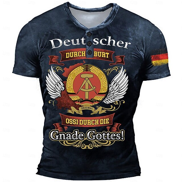Men's Short Sleeve Graphic Henley T-Shirt, East German Ossi Heritage Design, featuring GDR Emblem and 'German by Birth, Ossi by Grace of God'3